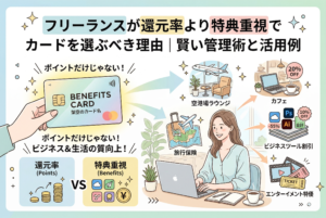 「フリーランスが還元率より特典重視でカードを選ぶべき理由」をテーマにした解説用インフォグラフィック。デスクで作業する女性のイラストを中心に、空港ラウンジ利用、カフェ割引、ビジネスツール（Adobe等）の優待、旅行保険、エンタメ特待といった具体的なベネフィットがアイコンで整理されています。左下には「還元率 vs 特典重視」という比較図が配置され、ポイント以上の実益を強調するデザインです。