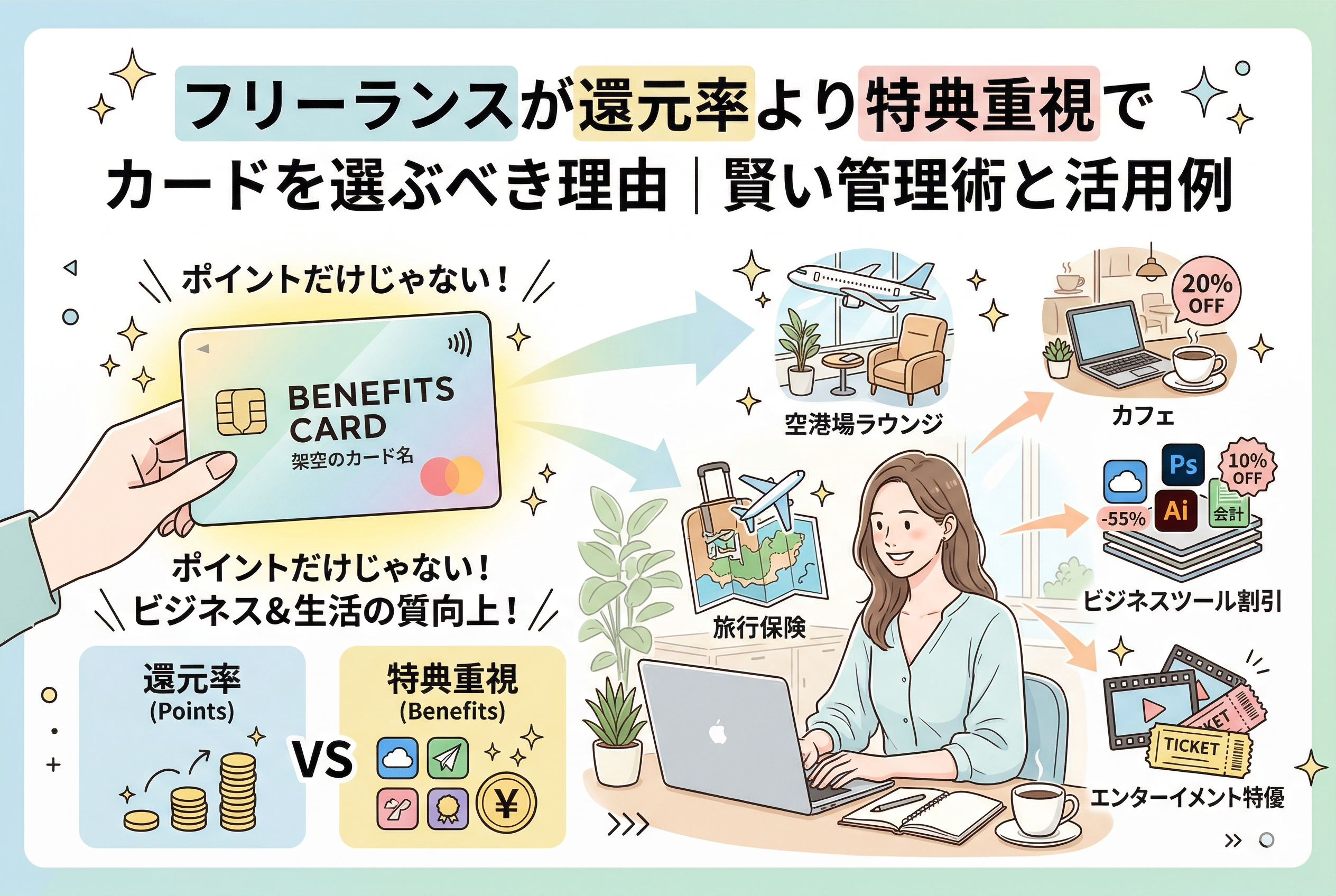 「フリーランスが還元率より特典重視でカードを選ぶべき理由」をテーマにした解説用インフォグラフィック。デスクで作業する女性のイラストを中心に、空港ラウンジ利用、カフェ割引、ビジネスツール（Adobe等）の優待、旅行保険、エンタメ特待といった具体的なベネフィットがアイコンで整理されています。左下には「還元率 vs 特典重視」という比較図が配置され、ポイント以上の実益を強調するデザインです。