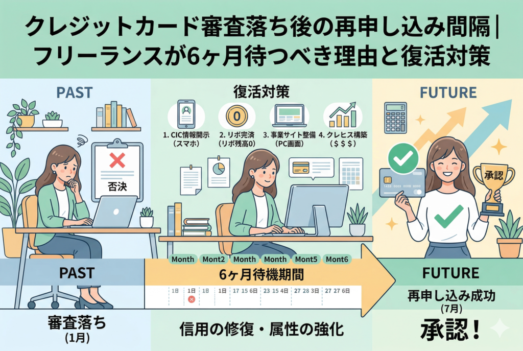 クレジットカード審査落ちから「6ヶ月の待機期間」を経て再申し込みに成功するまでのプロセスを描いたイラスト。左側に審査落ちで悩む女性、中央に半年間の対策(CIC開示・リボ完済・事業サイト整備・クレヒス構築)、右側に審査通過(承認)を喜ぶ女性が時系列のロードマップ形式で配置されています。