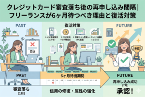 クレジットカード審査落ちから「6ヶ月の待機期間」を経て再申し込みに成功するまでのプロセスを描いたイラスト。左側に審査落ちで悩む女性、中央に半年間の対策（CIC開示・リボ完済・事業サイト整備・クレヒス構築）、右側に審査通過（承認）を喜ぶ女性が時系列のロードマップ形式で配置されています。