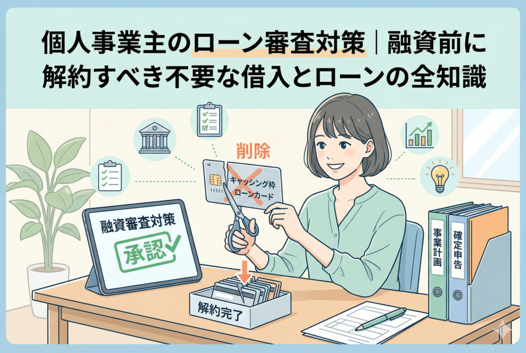 個人事業主の女性がデスクで不要なクレジットカードを整理し、ローン審査の承認を目指している様子を描いたアイキャッチ画像。背景には銀行やチェックリストのアイコン、「確定申告」や「事業計画」のファイルが並び、融資対策を視覚的に表現しています。