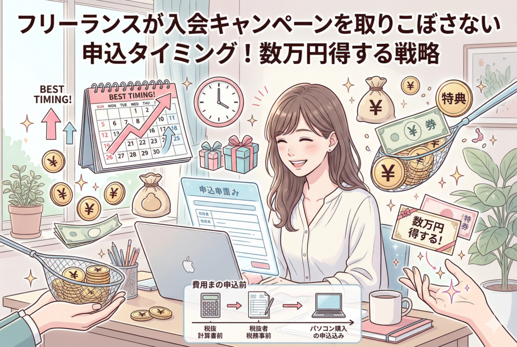 「フリーランスが入会キャンペーンを取りこぼさない申込タイミング!」というタイトルが入ったアイキャッチ画像。デスクで笑顔の女性がパソコンを操作し、カレンダーの「BEST TIMING!」のマークや、網で特典(お金やギフト)をキャッチする様子、納税やPC購入に合わせた申込フローが描かれた、親しみやすく清潔感のあるイラスト。