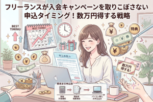 「フリーランスが入会キャンペーンを取りこぼさない申込タイミング！」というタイトルが入ったアイキャッチ画像。デスクで笑顔の女性がパソコンを操作し、カレンダーの「BEST TIMING!」のマークや、網で特典（お金やギフト）をキャッチする様子、納税やPC購入に合わせた申込フローが描かれた、親しみやすく清潔感のあるイラスト。