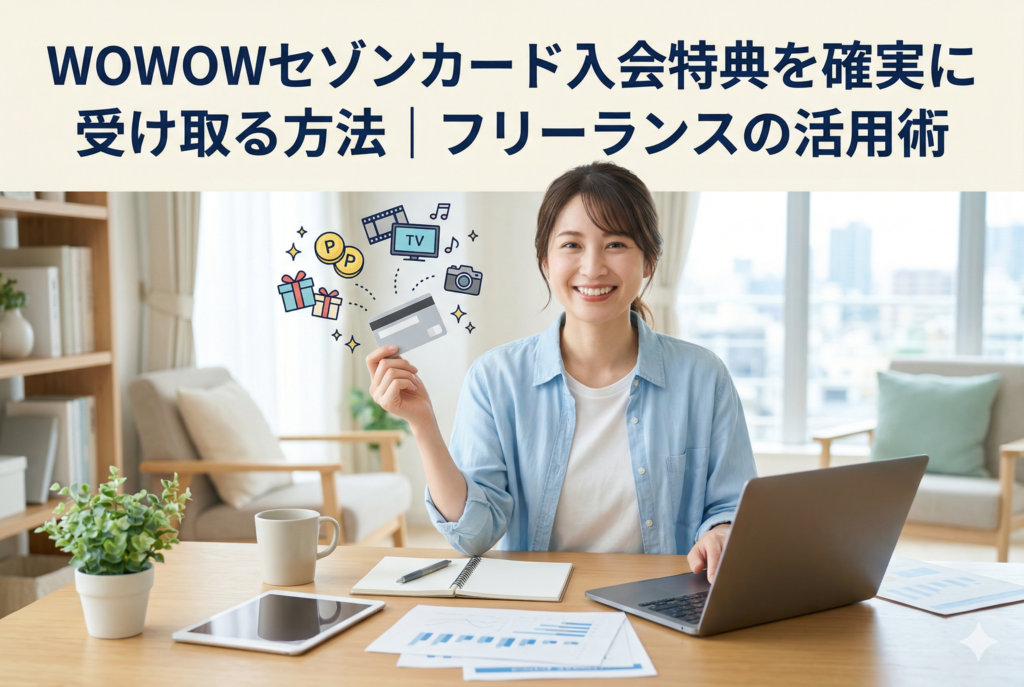 「WOWOWセゾンカード入会特典を確実に受け取る方法|フリーランスの活用術」という見出しが入ったアイキャッチ画像。明るい室内でノートパソコンを前に、笑顔でクレジットカードを手に持つ女性フリーランスの姿と、ギフト、ポイント、映画、カメラなどの特典をイメージしたアイコンが描かれています。
