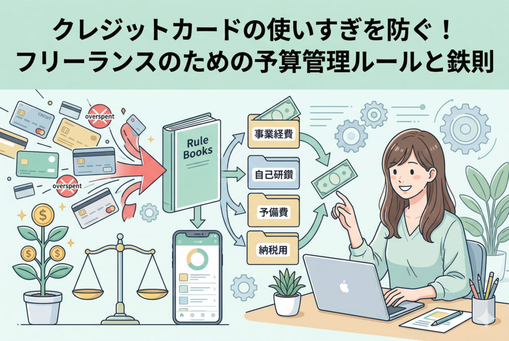 デスクで笑顔でノートパソコンを操作するフリーランス女性のイラスト。左側の乱雑なクレジットカード支出が、中央の「ルールブック」を通して「事業経費」「自己研鑽」「予備費」「納税用」の4つのフォルダに整理され、右側の女性に管理されたお金として流れている様子を描いている。上部には「クレジットカードの使いすぎを防ぐ！フリーランスのための予算管理ルールと鉄則」という記事タイトルが記載されている。