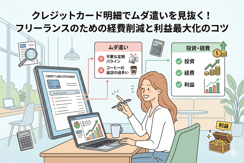 明るいオフィスでパソコンに向かうフリーランス女性のイラスト。クレジットカード明細をチェックし、不要な定期購入(サブスク)などの「ムダ遣い」を特定して削減することで、投資と利益(宝箱)を最大化するプロセスを図解。上部には記事タイトル「クレジットカード明細でムダ遣いを見抜く!フリーランスのための経費削減と利益最大化のコツ」の見出しが記載されている。