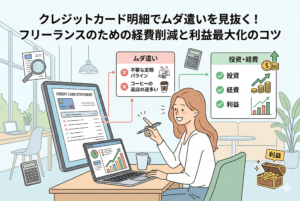 明るいオフィスでパソコンに向かうフリーランス女性のイラスト。クレジットカード明細をチェックし、不要な定期購入（サブスク）などの「ムダ遣い」を特定して削減することで、投資と利益（宝箱）を最大化するプロセスを図解。上部には記事タイトル「クレジットカード明細でムダ遣いを見抜く！フリーランスのための経費削減と利益最大化のコツ」の見出しが記載されている。
