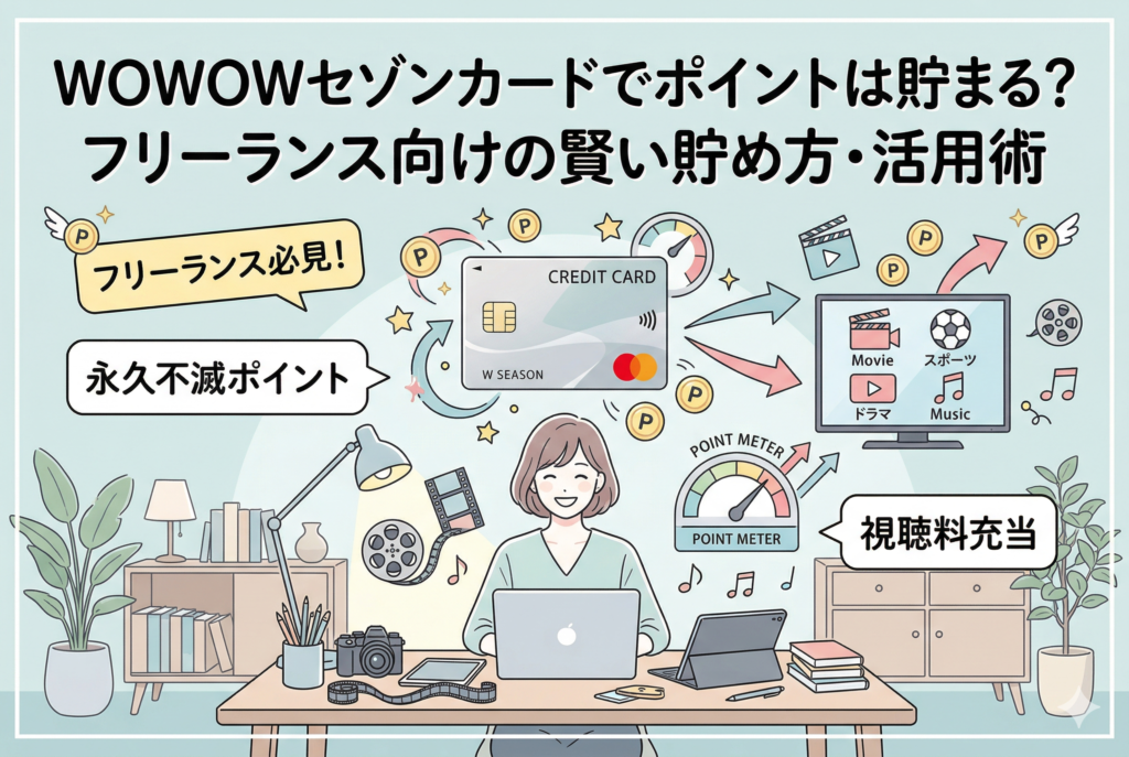 フリーランスの女性がデスクで仕事をしているイラストを背景に、「WOWOWセゾンカードでポイントは貯まる?フリーランス向けの賢い貯め方・活用術」というタイトルが入ったアイキャッチ画像。有効期限のない「永久不滅ポイント」が貯まり、それをWOWOWの「視聴料充当」に回すサイクルを、ポイントアイコンやテレビ画面、メーターのイラストで表現しています。