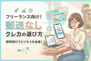 スマートフォンを手に持ち、郵送なしでクレジットカードが即時発行された画面を見て微笑む女性フリーランスのイラスト。「フリーランス向け！郵送なしクレカの選び方」というタイトルと、即時発行をイメージしたデジタルカードが描かれています。