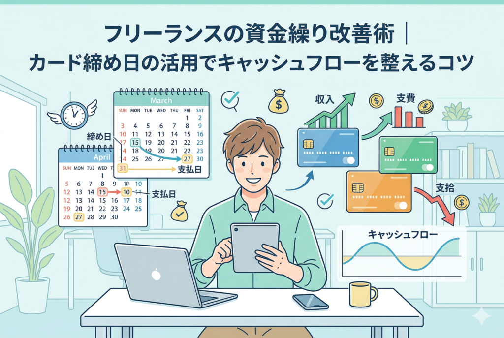 デスクでパソコンとタブレットを操作する男性フリーランスのイラスト。背景にはカレンダーを用いたクレジットカードの「締め日」と「支払日」の相関図、収入と支出のバランスを示すグラフ、そして安定した「キャッシュフロー」の波形が描かれており、「フリーランスの資金繰り改善術｜カード締め日の活用でキャッシュフローを整えるコツ」という記事タイトルが添えられている。