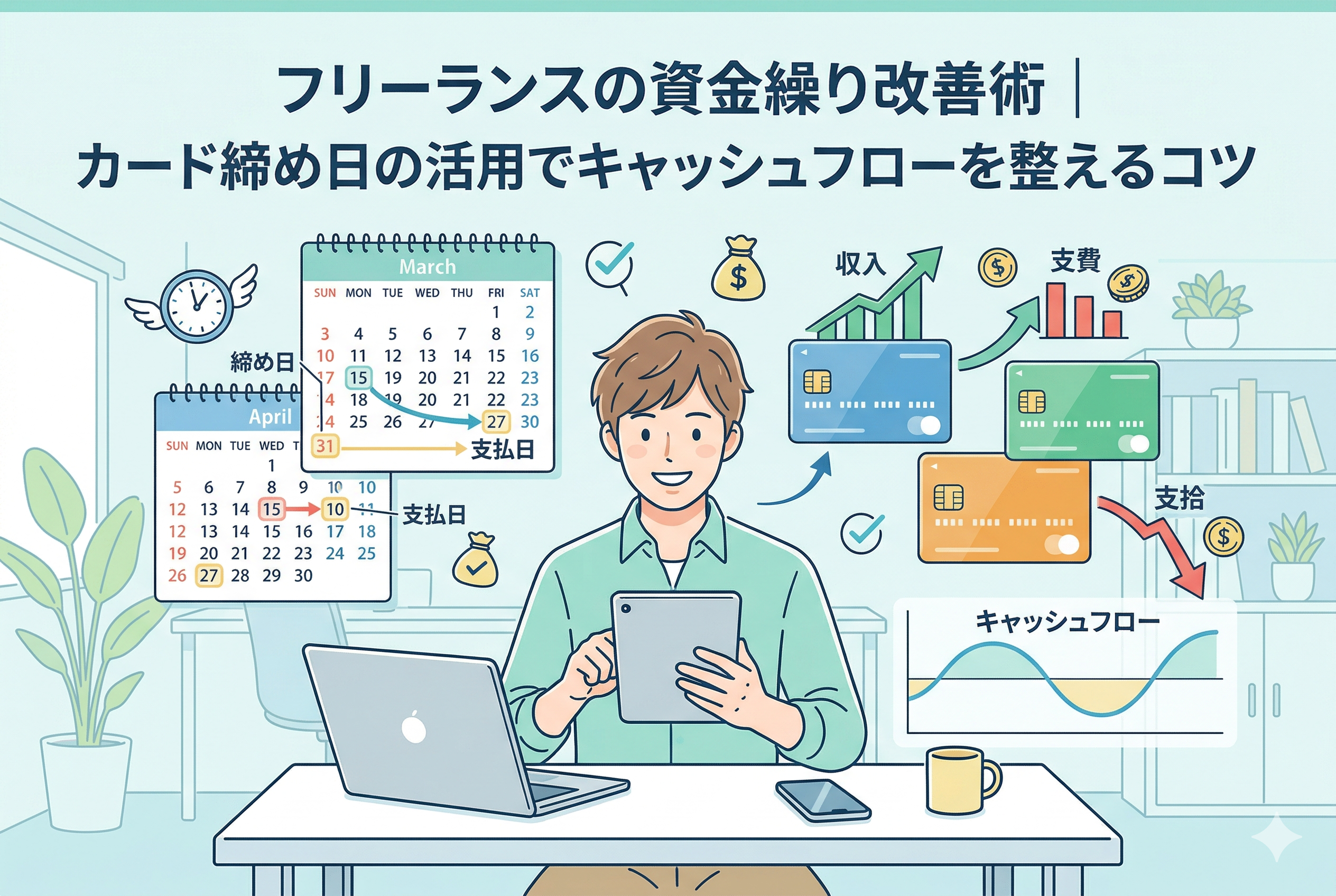デスクでパソコンとタブレットを操作する男性フリーランスのイラスト。背景にはカレンダーを用いたクレジットカードの「締め日」と「支払日」の相関図、収入と支出のバランスを示すグラフ、そして安定した「キャッシュフロー」の波形が描かれており、「フリーランスの資金繰り改善術｜カード締め日の活用でキャッシュフローを整えるコツ」という記事タイトルが添えられている。