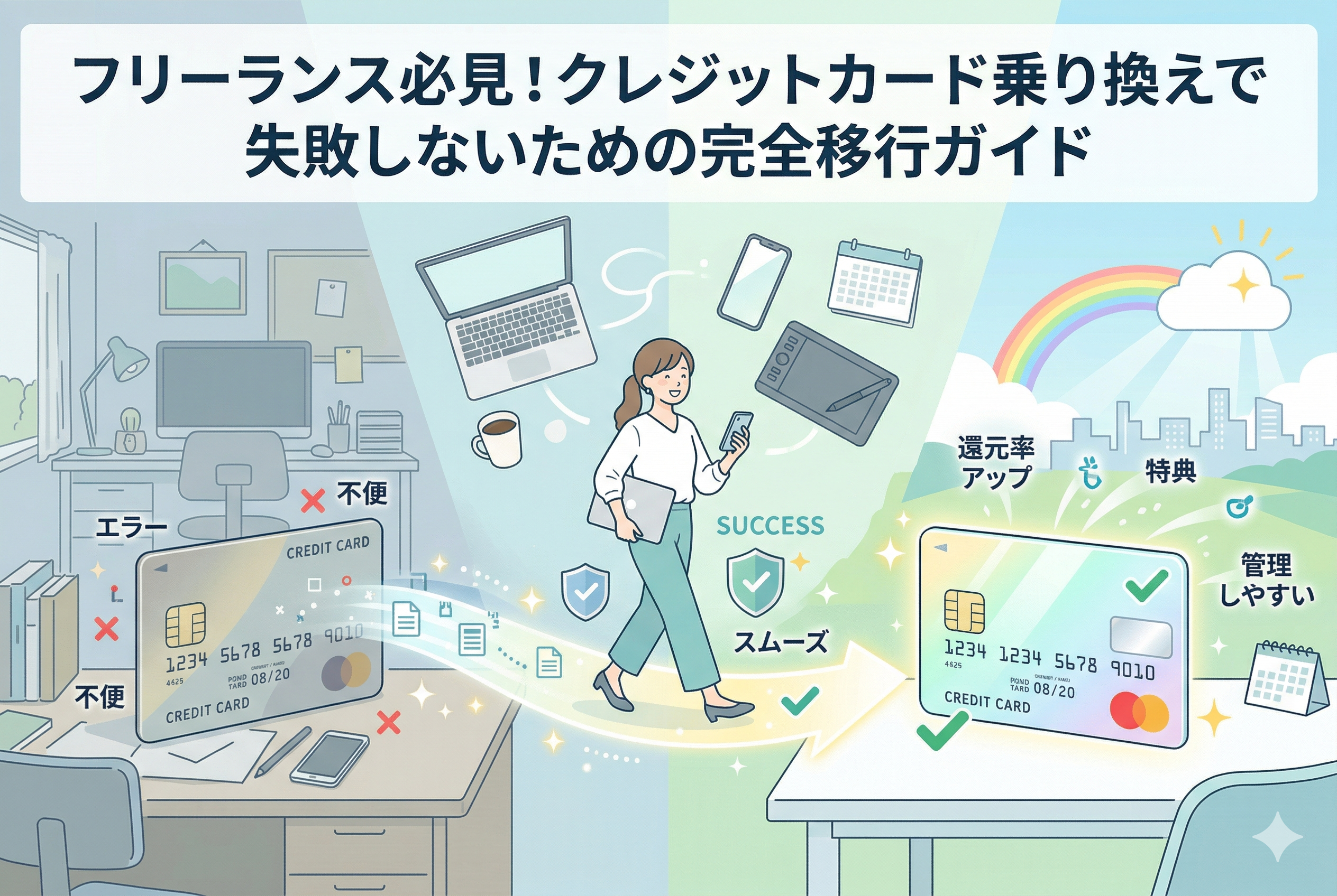 「フリーランス必見！クレジットカード乗り換えで失敗しないための完全移行ガイド」という記事タイトルのアイキャッチ画像。左側の古いカードと不便なデスクから、中央の女性が光の道を進み、右側の新しいカードと還元率アップ・特典・管理しやすいクリーンなデスクへ移行する様子を表現した清潔感のあるイラスト。