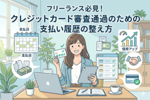 パソコンやタブレットを使ってデスクで作業する笑顔の女性フリーランスのイラスト。手には「審査通過」と書かれたクレジットカードを持ち、背景には支払日のチェックが入ったカレンダー、積まれた領収書と現金、信用アップを示すグラフ、信頼を象徴する握手アイコンなどが配されている。清潔感のあるパステルカラーで、誠実な支払い管理が社会的信用に繋がることを表現したアイキャッチ画像。