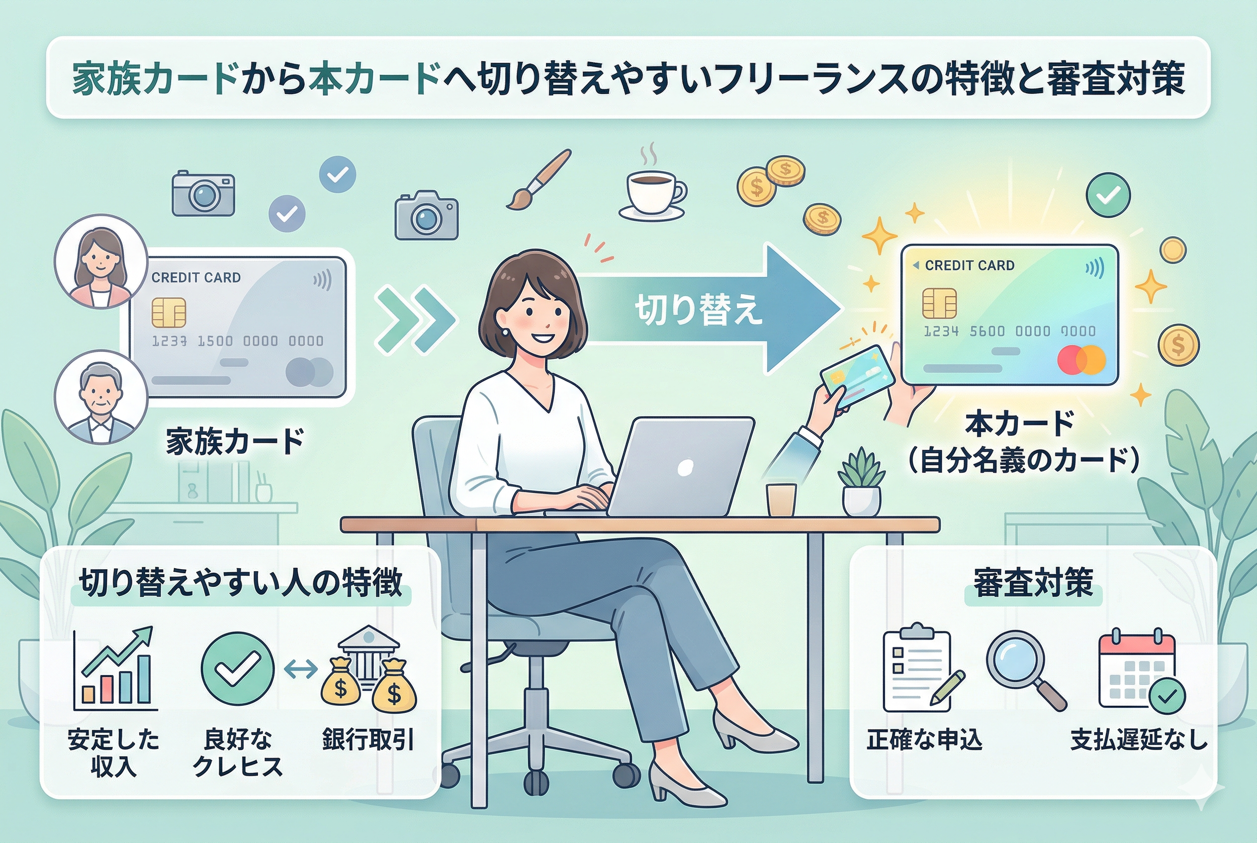 家族カードから自分名義の本カードへ切り替えを目指すフリーランスの女性を描いたイラスト。左側には家族名義のカード、右側には自分名義の新しいカードが配置され、中央の矢印で「切り替え」を表現しています。下部には、安定した収入や良好なクレヒス、銀行取引といった「切り替えやすい人の特徴」と、正確な申込や支払遅延なしといった「審査対策」のポイントがアイコン付きで分かりやすく整理されています。