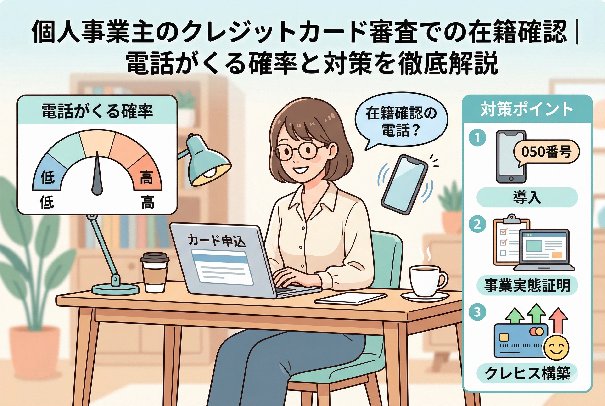 「個人事業主のクレジットカード審査での在籍確認」を解説するアイキャッチ画像。パソコンでカードを申し込む女性のイラストの横に、電話がくる確率を示すゲージや、3つの対策ポイント(050番号の導入、事業実態の証明、クレヒス構築)が分かりやすく図解されています。