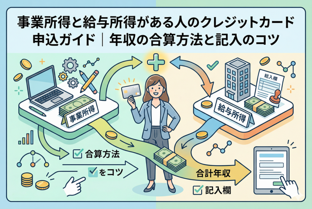 「事業所得(パソコンのアイコン)」と「給与所得(ビルと書類のアイコン)」が合算され、中央の女性がクレジットカードを手に「合計年収」として申し込む流れを描いた、親しみやすく清潔感のある解説イラスト。