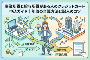 「事業所得（パソコンのアイコン）」と「給与所得（ビルと書類のアイコン）」が合算され、中央の女性がクレジットカードを手に「合計年収」として申し込む流れを描いた、親しみやすく清潔感のある解説イラスト。