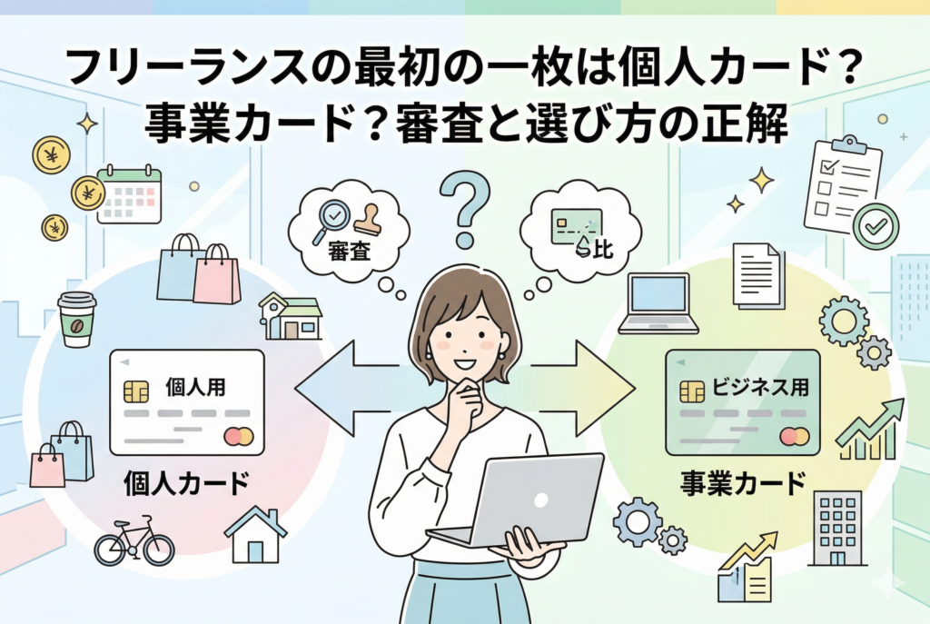 フリーランスの女性が「個人用カード」と「ビジネス用カード」のどちらを最初の一枚にするべきか悩んでいる比較イラスト。左側にはコーヒーや買い物などの私生活を象徴するアイコン、右側には歯車やグラフなどの事業を象徴するアイコンが描かれ、中央に「フリーランスの最初の一枚は個人カード？事業カード？審査と選び方の正解」というタイトルが表示されています。