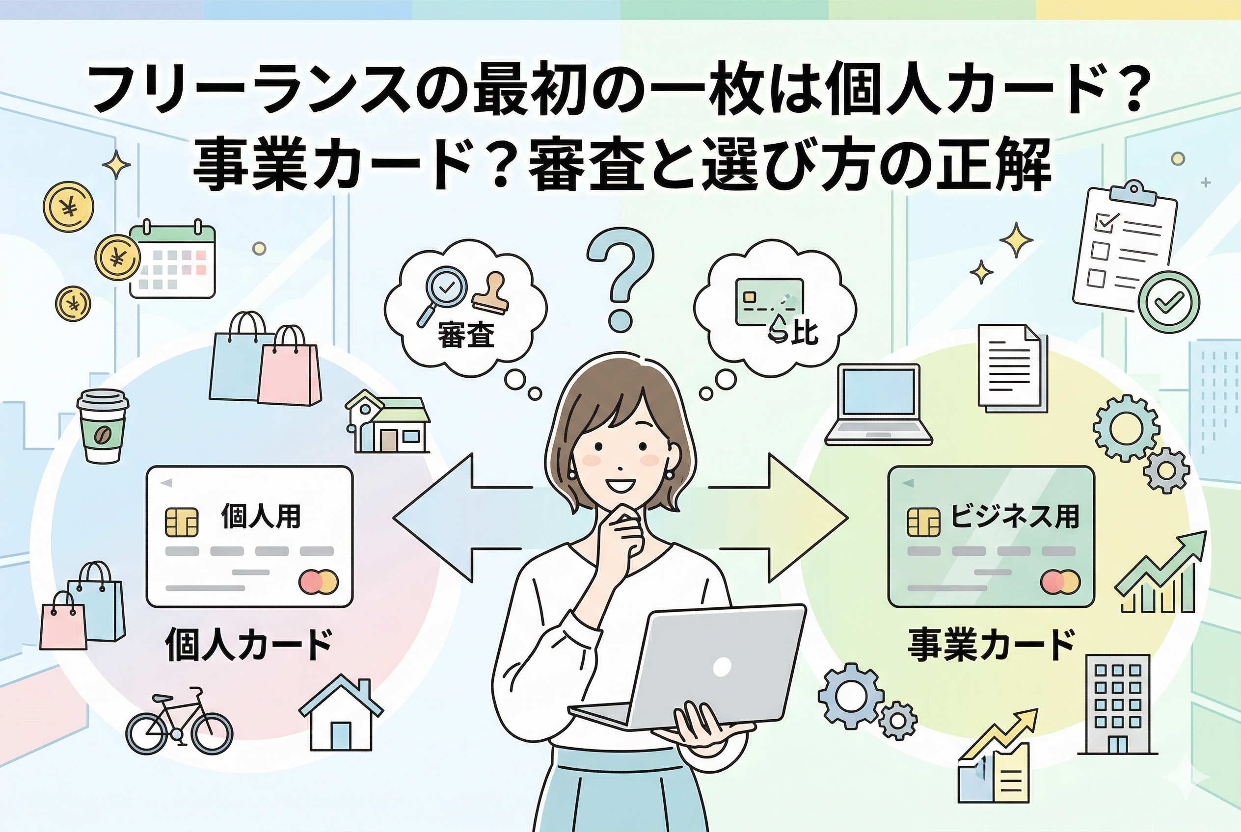 フリーランスの女性が「個人用カード」と「ビジネス用カード」のどちらを最初の一枚にするべきか悩んでいる比較イラスト。左側にはコーヒーや買い物などの私生活を象徴するアイコン、右側には歯車やグラフなどの事業を象徴するアイコンが描かれ、中央に「フリーランスの最初の一枚は個人カード？事業カード？審査と選び方の正解」というタイトルが表示されています。