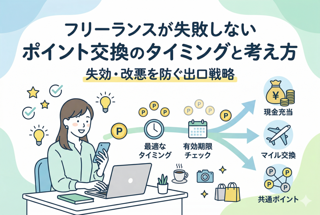 デスクでPCを操作するフリーランス女性のイラスト。クレジットカードのポイント交換について「最適なタイミング」や「有効期限チェック」を経て、現金充当・マイル交換・共通ポイントといった出口戦略へ繋がる流れを日本語の見出しで整理したインフォグラフィック。