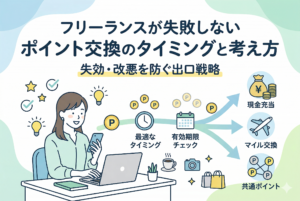 デスクでPCを操作するフリーランス女性のイラスト。クレジットカードのポイント交換について「最適なタイミング」や「有効期限チェック」を経て、現金充当・マイル交換・共通ポイントといった出口戦略へ繋がる流れを日本語の見出しで整理したインフォグラフィック。