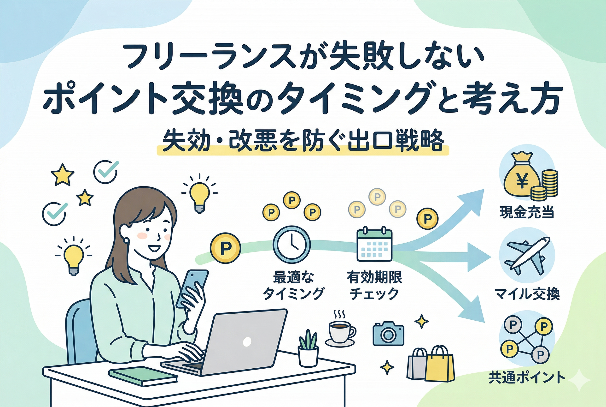 デスクでPCを操作するフリーランス女性のイラスト。クレジットカードのポイント交換について「最適なタイミング」や「有効期限チェック」を経て、現金充当・マイル交換・共通ポイントといった出口戦略へ繋がる流れを日本語の見出しで整理したインフォグラフィック。
