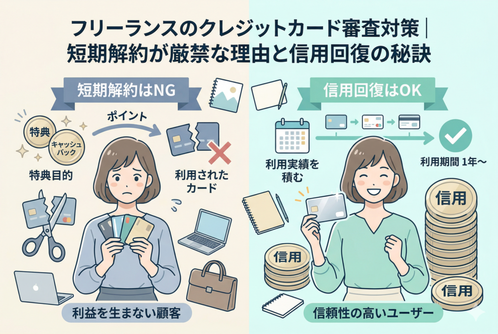 フリーランスのクレジットカード審査対策に関するアイキャッチ画像。上部に記事タイトル「フリーランスのクレジットカード審査対策｜短期解約が厳禁な理由と信用回復の秘訣」が記載されています。画像は左右に分かれており、左側の「短期解約はNG」では、特典目的の契約や発行直後の解約が「利益を生まない顧客」として評価を下げる様子を描いています。右側の「信用回復はOK」では、1年以上の継続利用と利用実績の積み重ねが「信頼性の高いユーザー」として評価され、「信用」コインが積み上がる様子を比較・解説しています。