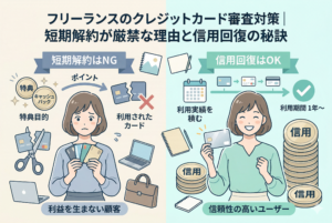 フリーランスのクレジットカード審査対策に関するアイキャッチ画像。上部に記事タイトル「フリーランスのクレジットカード審査対策｜短期解約が厳禁な理由と信用回復の秘訣」が記載されています。画像は左右に分かれており、左側の「短期解約はNG」では、特典目的の契約や発行直後の解約が「利益を生まない顧客」として評価を下げる様子を描いています。右側の「信用回復はOK」では、1年以上の継続利用と利用実績の積み重ねが「信頼性の高いユーザー」として評価され、「信用」コインが積み上がる様子を比較・解説しています。