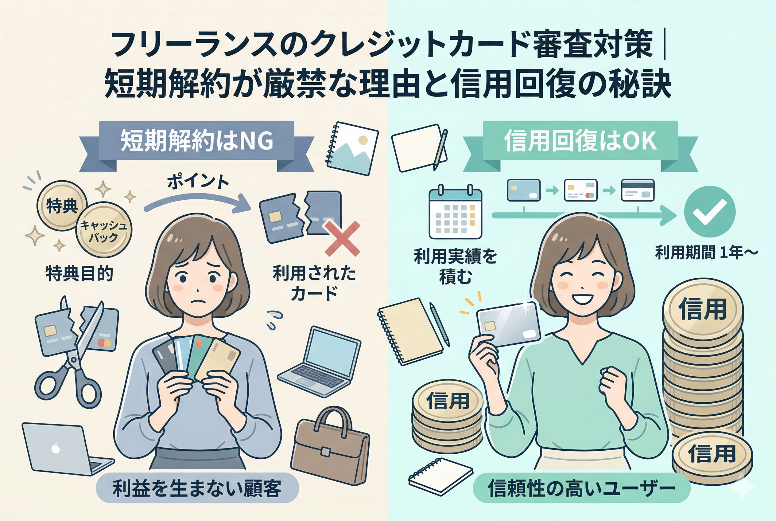 フリーランスのクレジットカード審査対策に関するアイキャッチ画像。上部に記事タイトル「フリーランスのクレジットカード審査対策｜短期解約が厳禁な理由と信用回復の秘訣」が記載されています。画像は左右に分かれており、左側の「短期解約はNG」では、特典目的の契約や発行直後の解約が「利益を生まない顧客」として評価を下げる様子を描いています。右側の「信用回復はOK」では、1年以上の継続利用と利用実績の積み重ねが「信頼性の高いユーザー」として評価され、「信用」コインが積み上がる様子を比較・解説しています。