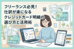「フリーランス必見！仕訳が楽になるクレジットカード明細の選び方と活用術」という文字入りのアイキャッチ画像。デスクで笑顔の女性がノートパソコンとタブレットを使い、ビジネスカードの利用明細をスムーズに仕訳している清潔感のあるイラスト。