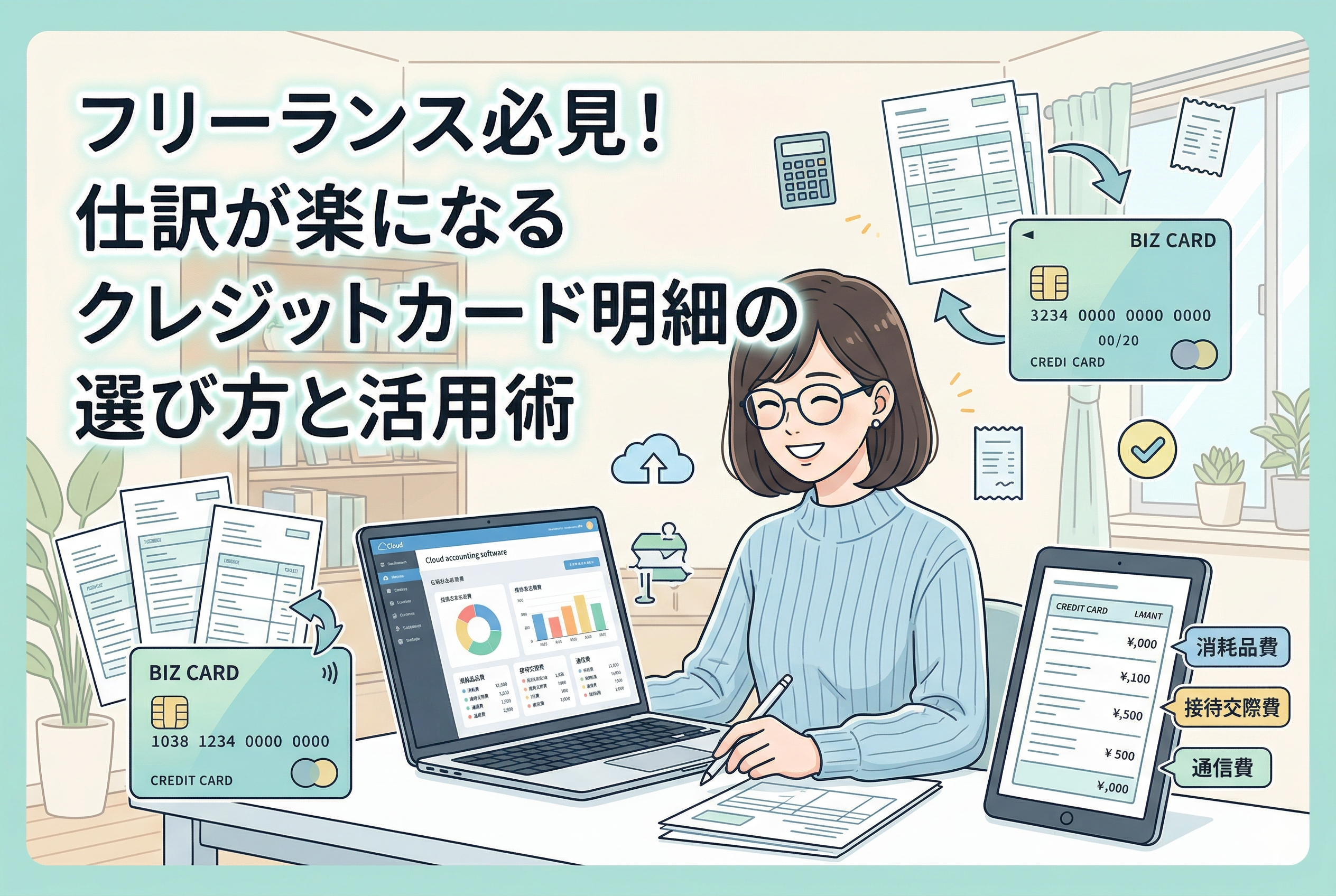 「フリーランス必見！仕訳が楽になるクレジットカード明細の選び方と活用術」という文字入りのアイキャッチ画像。デスクで笑顔の女性がノートパソコンとタブレットを使い、ビジネスカードの利用明細をスムーズに仕訳している清潔感のあるイラスト。