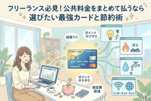 「フリーランス必見！公共料金をまとめて払うなら選びたい最強カードと節約術」という見出しとともに、女性フリーランスがデスクで働く様子を描いたイラスト。一枚のクレジットカードが、電気、ガス、水道、インターネットの支払いを集約し、クラウド会計ソフトと連携してポイント還元や固定費削減を実現している様子を分かりやすく表現している。
