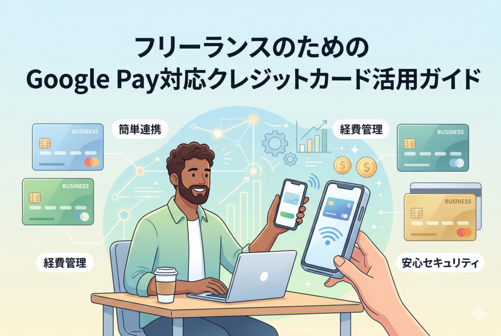 「フリーランスのためのGoogle Pay対応クレジットカード活用ガイド」というタイトルのアイキャッチ画像。カフェでノートパソコンを広げて働くフリーランスと、スマートフォンで非接触決済（Google Pay）を行う様子、そして「経費管理」「安心セキュリティ」「簡単連携」といったメリットを表すアイコンとビジネスカードのイラスト。