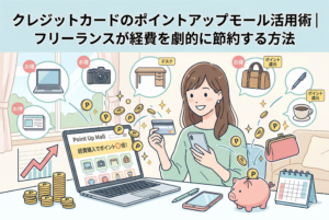 「クレジットカードのポイントアップモール活用術｜フリーランスが経費を劇的に節約する方法」というタイトルが入ったアイキャッチ画像。中央の女性フリーランスが、ノートパソコンに表示された「Point Up Mall」を利用して、PC、カメラ、デスク、カバンなどの仕事用アイテムを購入し、大量のポイント（Pコイン）が貯金箱や財布へ流れ込んでいく様子を描いています。背景には売上やポイントの伸びを示す右肩上がりのグラフも描かれ、賢い経費運用のメリットを視覚化した清潔感のあるイラストです。