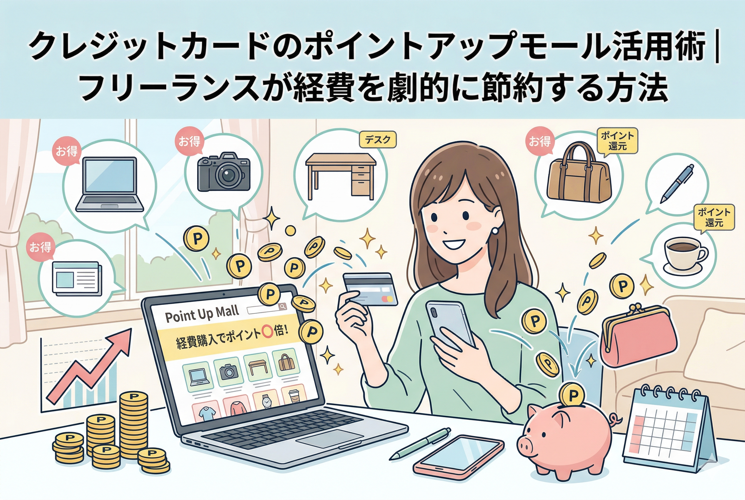 「クレジットカードのポイントアップモール活用術｜フリーランスが経費を劇的に節約する方法」というタイトルが入ったアイキャッチ画像。中央の女性フリーランスが、ノートパソコンに表示された「Point Up Mall」を利用して、PC、カメラ、デスク、カバンなどの仕事用アイテムを購入し、大量のポイント（Pコイン）が貯金箱や財布へ流れ込んでいく様子を描いています。背景には売上やポイントの伸びを示す右肩上がりのグラフも描かれ、賢い経費運用のメリットを視覚化した清潔感のあるイラストです。