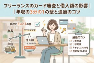 クレジットカード審査の「年収」と「借入額」のバランスを天秤（てんびん）で表現したイラスト。パソコンを操作する女性の隣に、年収の3分の1の壁や、審査通過のコツ（リボ完済・キャッシング0円・良好なクレヒス）がチェックリスト形式で描かれています。