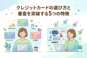 「クレジットカードの選び方と審査を突破する5つの特徴」というタイトルが入ったイラスト。左側にはポイントやマイルなどのカード特典を比較する女性、右側にはAI審査官から承認（スタンプ）を受ける女性と5つの星が描かれた、清潔感のあるアイキャッチ画像。