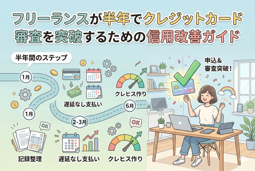 フリーランスが半年間でクレジットカード審査を突破するためのロードマップを描いたアイキャッチ画像。左側には1ヶ月目から6ヶ月目までのステップ(記録整理、遅延なし支払い、クレヒス作り)が時系列で示され、右側には審査に合格して笑顔でカードを掲げる女性フリーランスのイラストが配されている。清潔感のあるパステルカラーのデザイン。