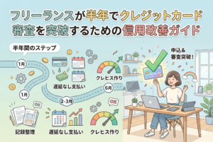 フリーランスが半年間でクレジットカード審査を突破するためのロードマップを描いたアイキャッチ画像。左側には1ヶ月目から6ヶ月目までのステップ（記録整理、遅延なし支払い、クレヒス作り）が時系列で示され、右側には審査に合格して笑顔でカードを掲げる女性フリーランスのイラストが配されている。清潔感のあるパステルカラーのデザイン。