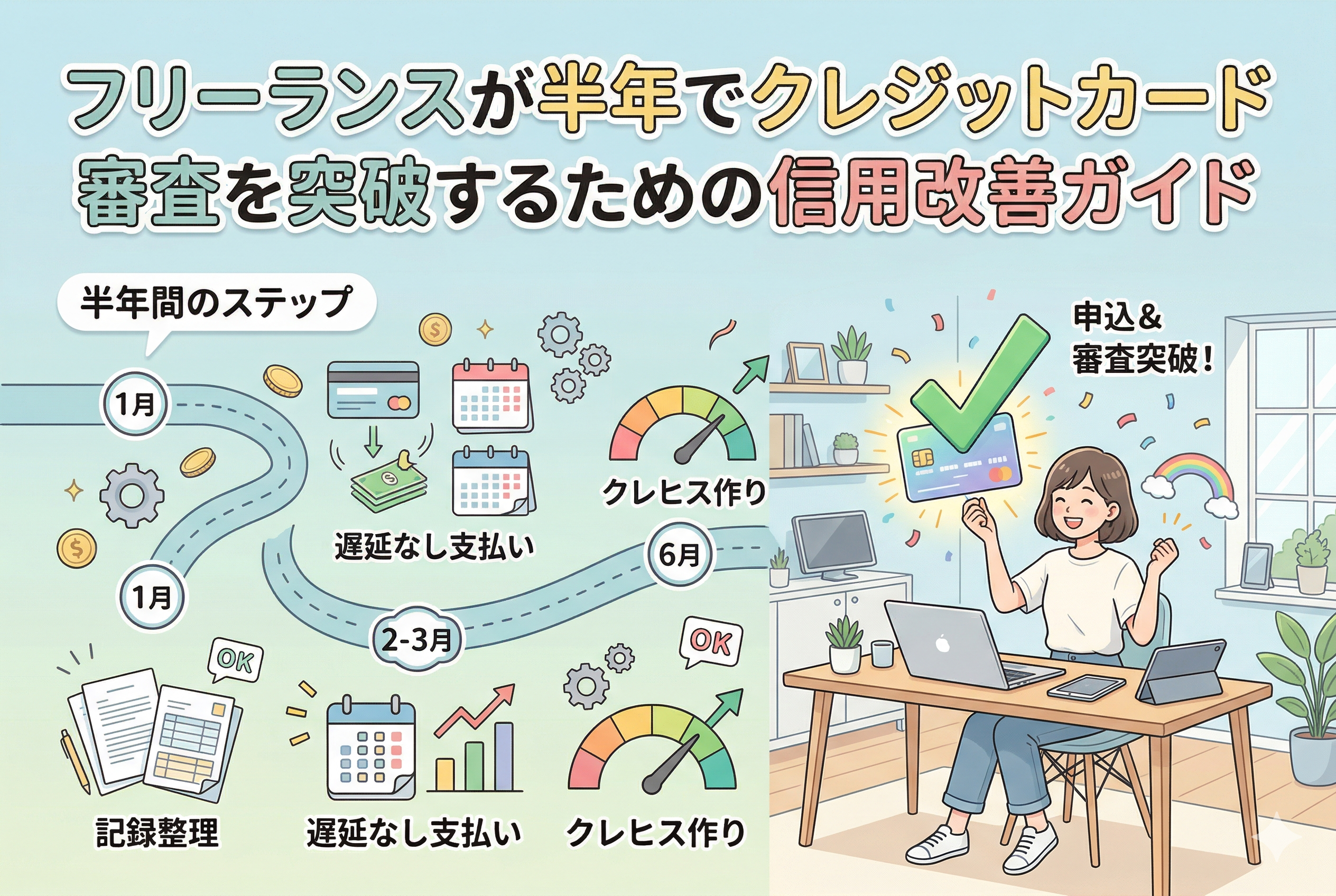 フリーランスが半年間でクレジットカード審査を突破するためのロードマップを描いたアイキャッチ画像。左側には1ヶ月目から6ヶ月目までのステップ(記録整理、遅延なし支払い、クレヒス作り)が時系列で示され、右側には審査に合格して笑顔でカードを掲げる女性フリーランスのイラストが配されている。清潔感のあるパステルカラーのデザイン。