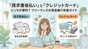 ノートパソコンに向かうフリーランスの女性を中央に、左側に請求書とカレンダー（支払日を延長）、右側にクレジットカードとスマホ（ポイントも貯まる）の選択肢を比較する、親しみやすいイラスト。上部には「『請求書後払い』と『クレジットカード』どっちが便利？フリーランスの資金繰り改善ガイド」の記事タイトルテキストが配置されている。