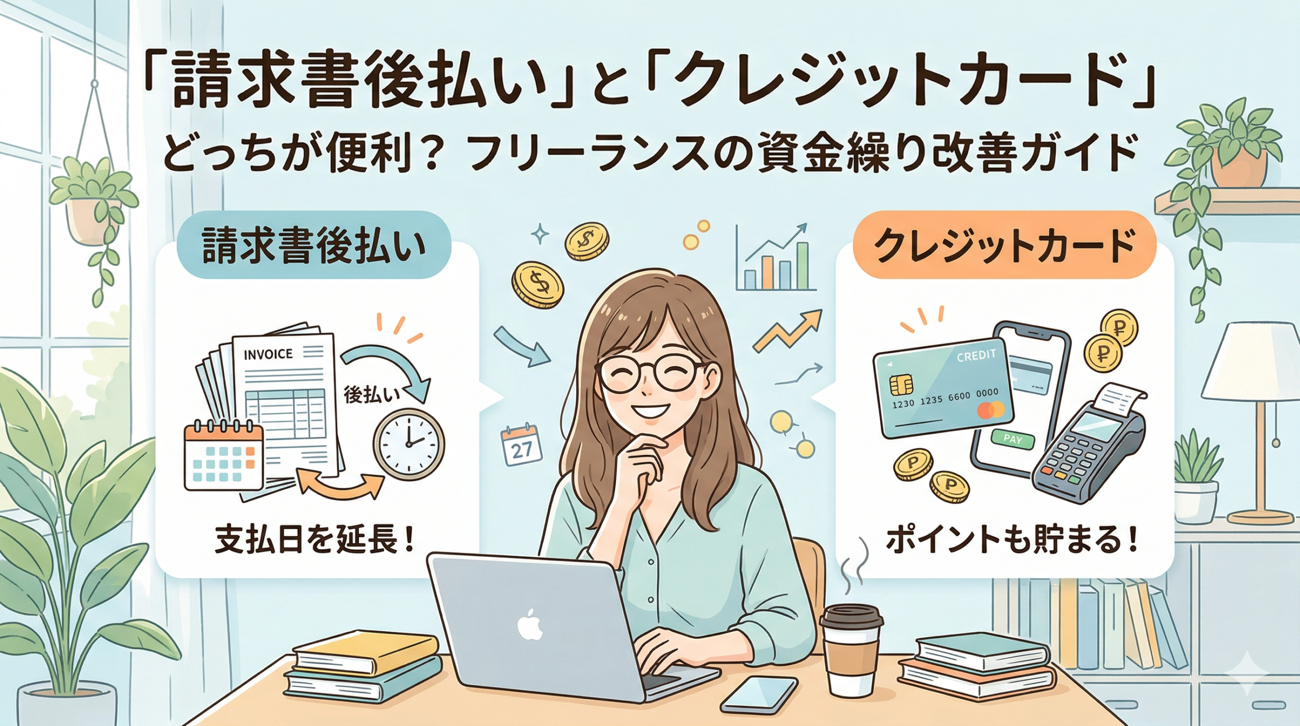ノートパソコンに向かうフリーランスの女性を中央に、左側に請求書とカレンダー(支払日を延長)、右側にクレジットカードとスマホ(ポイントも貯まる)の選択肢を比較する、親しみやすいイラスト。上部には「『請求書後払い』と『クレジットカード』どっちが便利?フリーランスの資金繰り改善ガイド」の記事タイトルテキストが配置されている。