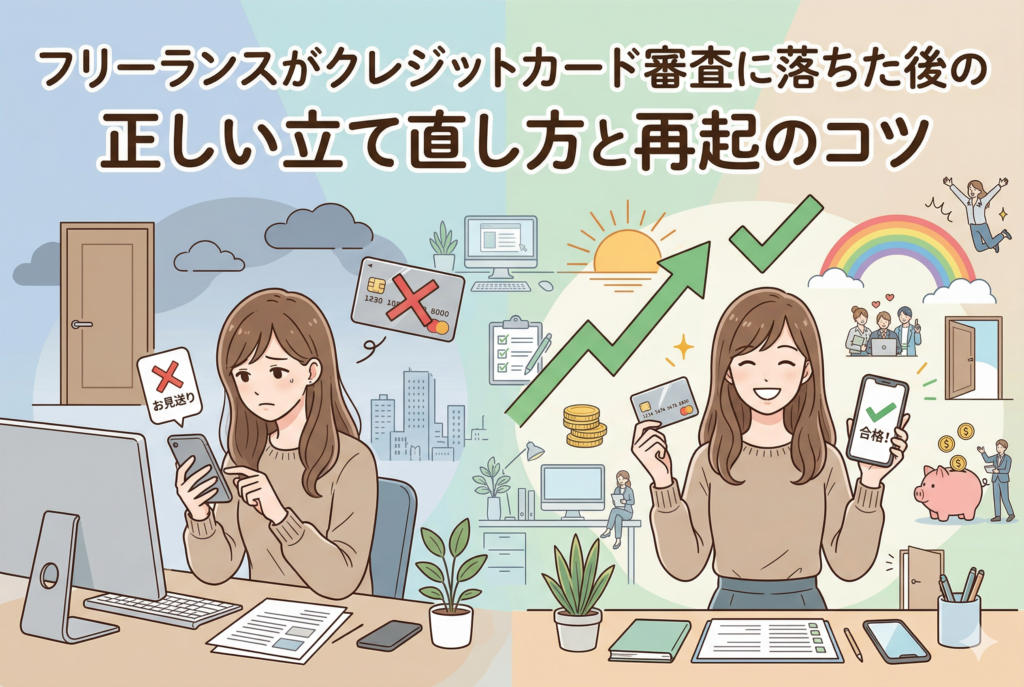 パソコンの前でクレジットカードの「お見送り(審査落ち)」通知に悩む女性と、半年間の対策を経て「合格」を勝ち取り、笑顔でカードを持つ女性を左右で対比させたイラスト。画像上部には「フリーランスがクレジットカード審査に落ちた後の正しい立て直し方と再起のコツ」という記事タイトルが入っている。左側は暗いトーンで不安を、右側は明るいトーンと虹、上昇する矢印で再起を表現している。