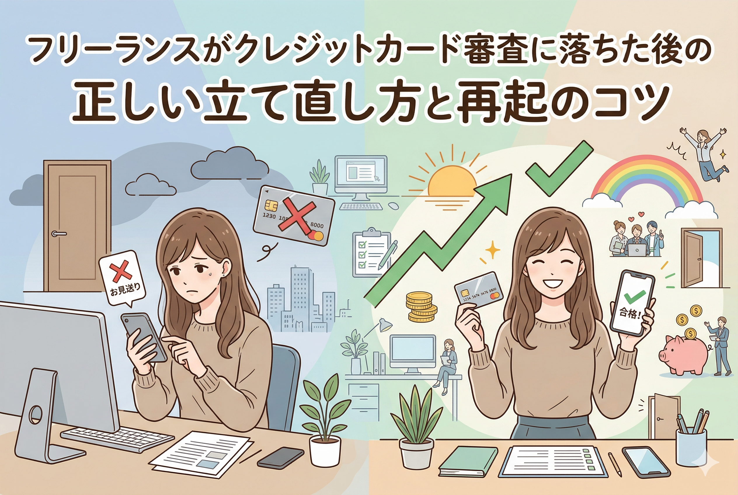 パソコンの前でクレジットカードの「お見送り（審査落ち）」通知に悩む女性と、半年間の対策を経て「合格」を勝ち取り、笑顔でカードを持つ女性を左右で対比させたイラスト。画像上部には「フリーランスがクレジットカード審査に落ちた後の正しい立て直し方と再起のコツ」という記事タイトルが入っている。左側は暗いトーンで不安を、右側は明るいトーンと虹、上昇する矢印で再起を表現している。