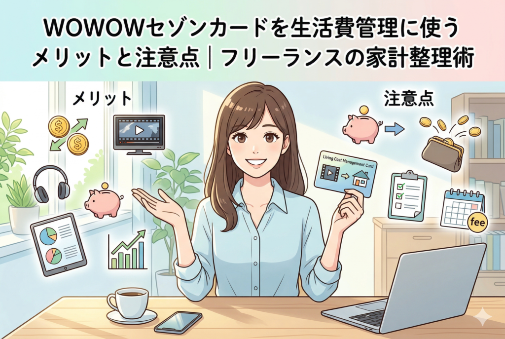 「WOWOWセゾンカードを生活費管理に使うメリットと注意点|フリーランスの家計整理術」という記事タイトルの入ったアイキャッチ画像。中央にデスクに向かう笑顔の女性、左右に「メリット」(動画、貯蓄、家計管理グラフ)と「注意点」(手数料、出費、カレンダー)のアイコンが、親しみやすいイラストで清潔感のある薄いパステルカラーのデザインで描かれています。
