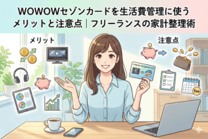 「WOWOWセゾンカードを生活費管理に使うメリットと注意点｜フリーランスの家計整理術」という記事タイトルの入ったアイキャッチ画像。中央にデスクに向かう笑顔の女性、左右に「メリット」（動画、貯蓄、家計管理グラフ）と「注意点」（手数料、出費、カレンダー）のアイコンが、親しみやすいイラストで清潔感のある薄いパステルカラーのデザインで描かれています。