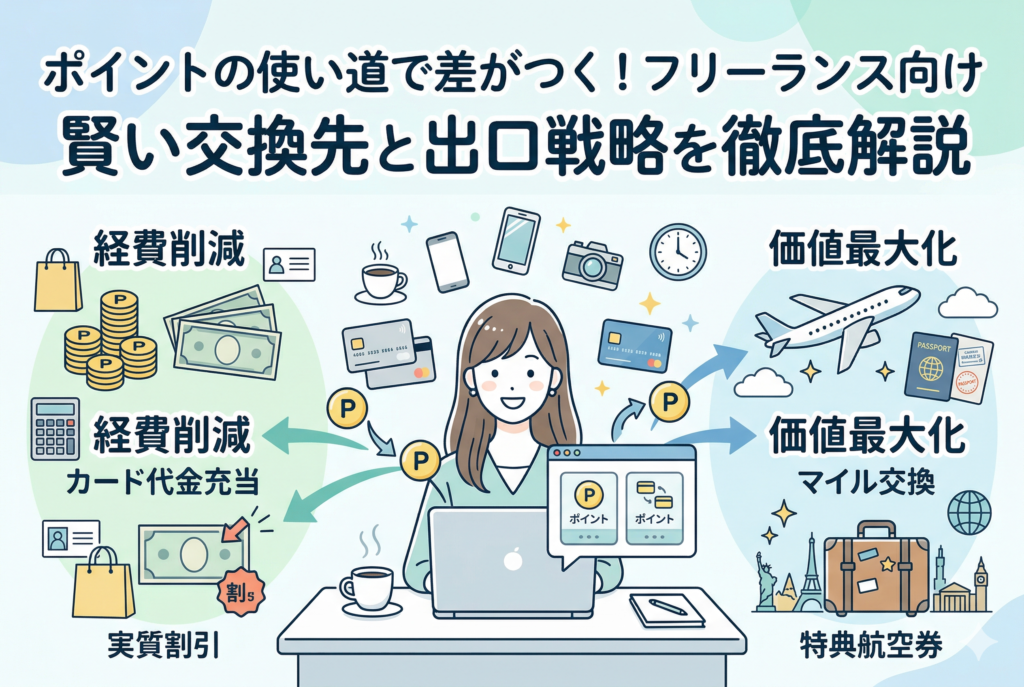 クレジットカードのポイント活用法を解説したインフォグラフィック。中央に笑顔のフリーランス女性が座り、左側には「経費削減」として「カード代金充当」や「実質割引」のメリット、右側には「価値最大化」として「マイル交換」や「特典航空券」のメリットが整理されている。