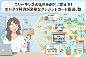 「フリーランスの休日を劇的に変える！エンタメ特典が豪華なクレジットカード厳選5枚」というタイトルのアイキャッチ画像。女性フリーランスがプレミアムカードを手にし、そこから「映画1,000円鑑賞」「グルメ1名無料」「VOD動画配信優待」「ライブ特典」といった魅力的な恩恵が広がっている様子を、明るいレジャーシーンの背景とともに描いた清潔感のあるイラスト。