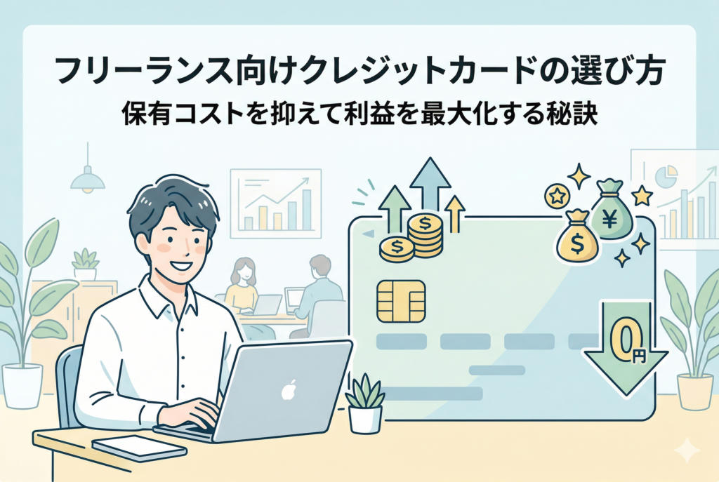 「フリーランス向けクレジットカードの選び方｜保有コストを抑えて利益を最大化する秘訣」というタイトル。デスクで働く男性と、利益（上向き矢印とコイン）が増えコスト（0円アイコン）が下がることを表すクレジットカードのイラスト。