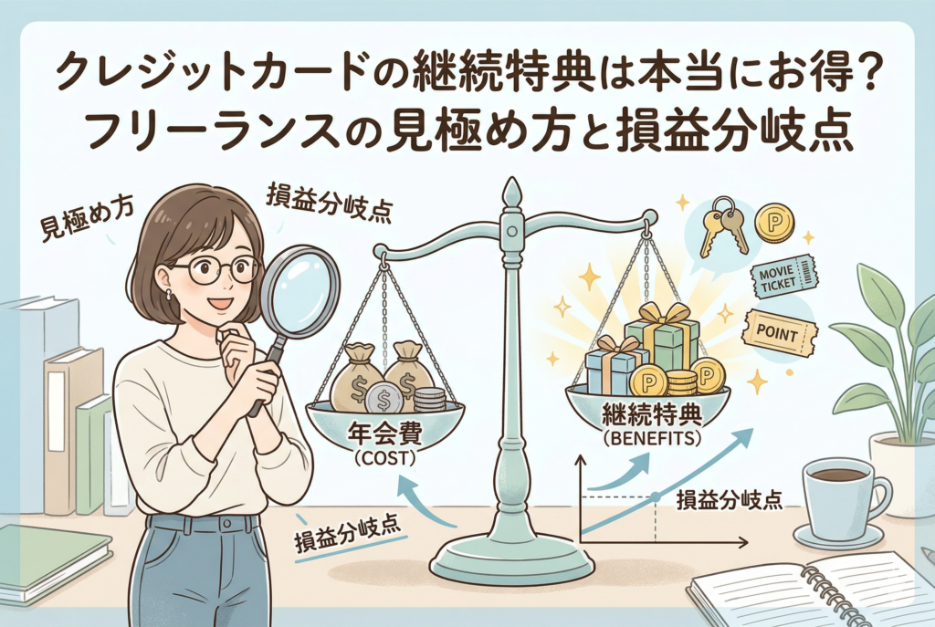 フリーランスの女性が天秤を前に、クレジットカードの年会費(コスト)と継続特典(メリット)を虫眼鏡で比較・分析している様子を描いたイラスト。天秤の左にはお金の袋、右にはプレゼントやポイント、映画チケットなどがある。上部には記事タイトルの「クレジットカードの継続特典は本当にお得?フリーランスの見極め方と損益分岐点」が書かれ、右下には損益分岐点を示すグラフがある。